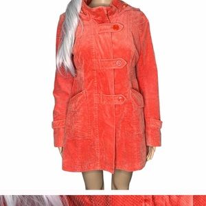 Anthro Idra Coral/Orange Velour Hooded Peacoat
